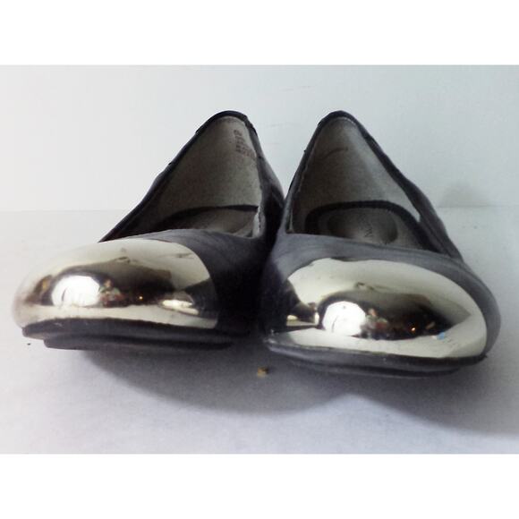 KATE PRESTON US 7.5M BLACK SOFT SMOOTH LEATHER BALLET FLATS SHOE SILVER TOE CAPS - Picture 2 of 7